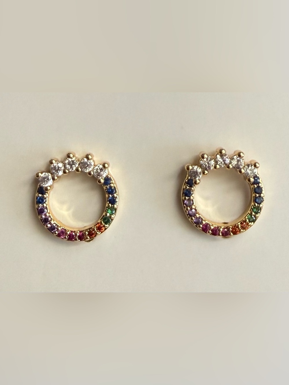 Gold filled Rainbow Circle Stud Earrings with Clear Stones